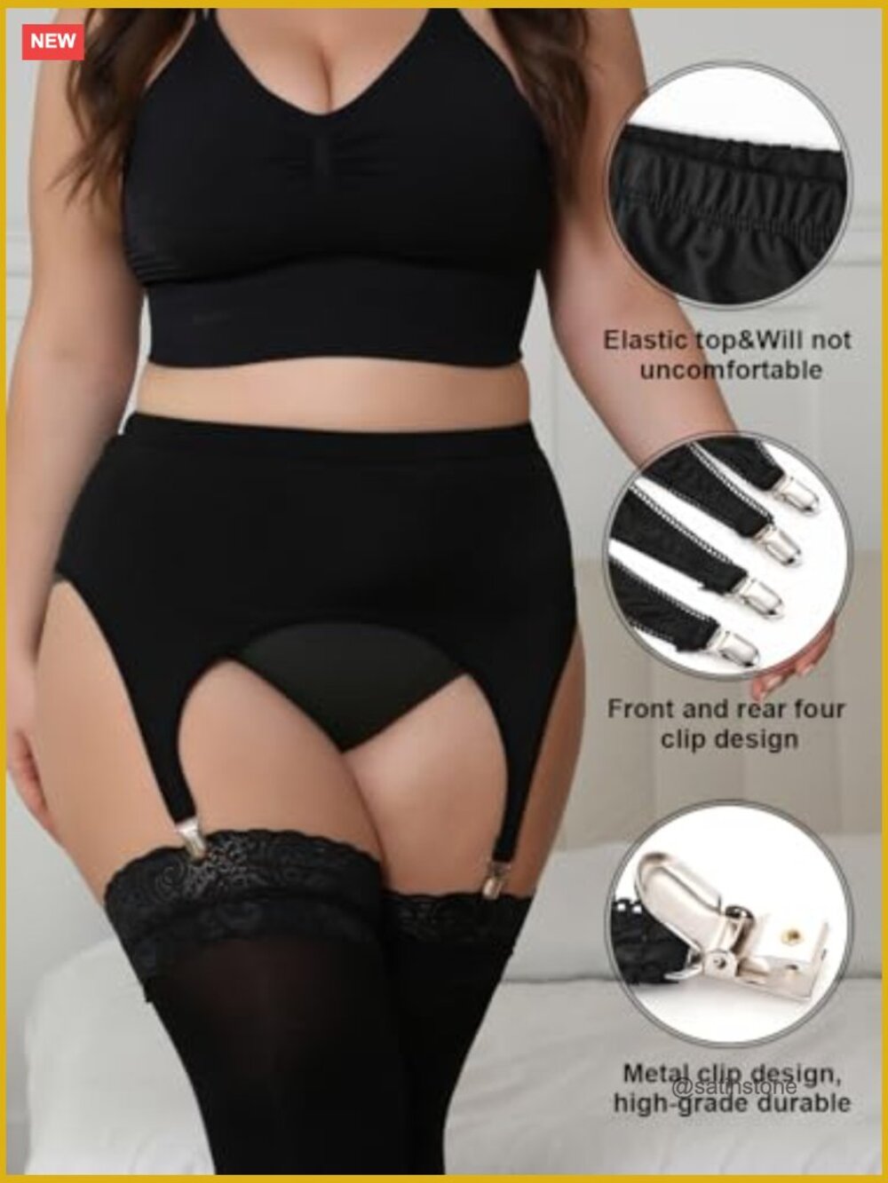 Garter Belt Plus Size High Waist with 4 Metal Clips for Stockings Lingerie - Picture 3 of 7